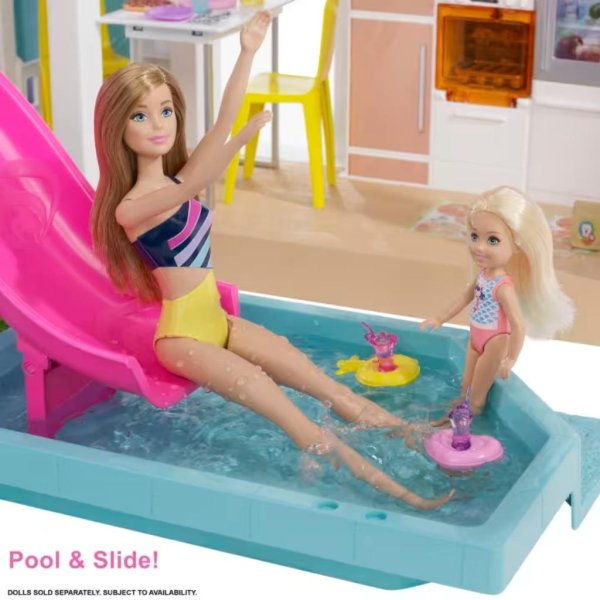 barbie dreamhouse dollhouse with pool slide elevator lights & sounds multicolour (4)