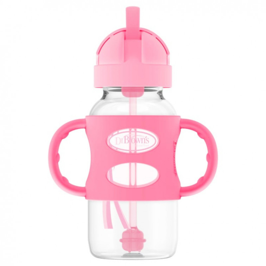 dr. brown's wide neck sippy straw bottle with silicone handles, 270 ml, pink color (1)
