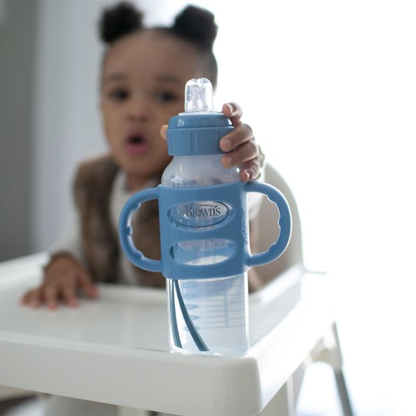 dr. brown’s® milestones™ narrow sippy bottle with silicone handles, 8oz250ml, light blue (1)