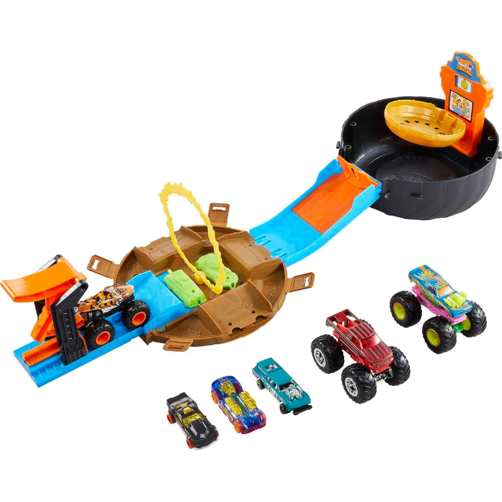 hot wheels monster trucks stunt tire playset with 3 toy monster trucks & 4 toy cars in 1:64 scale2