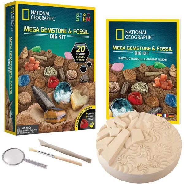 National Geographic Mega Gemstone & Fossil Dig Kit 20 Fossil & Gems