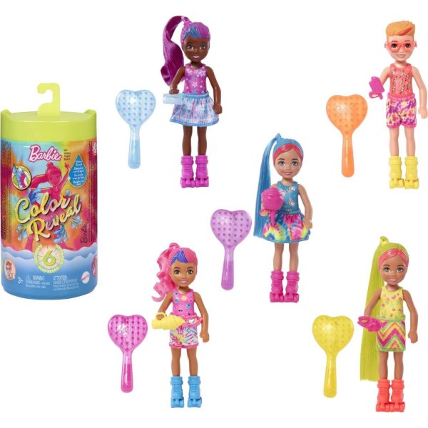 barbie color reveal small doll & accessories, neon tie dye series, 6 surprises, 1 chelsea doll (styles may vary)5