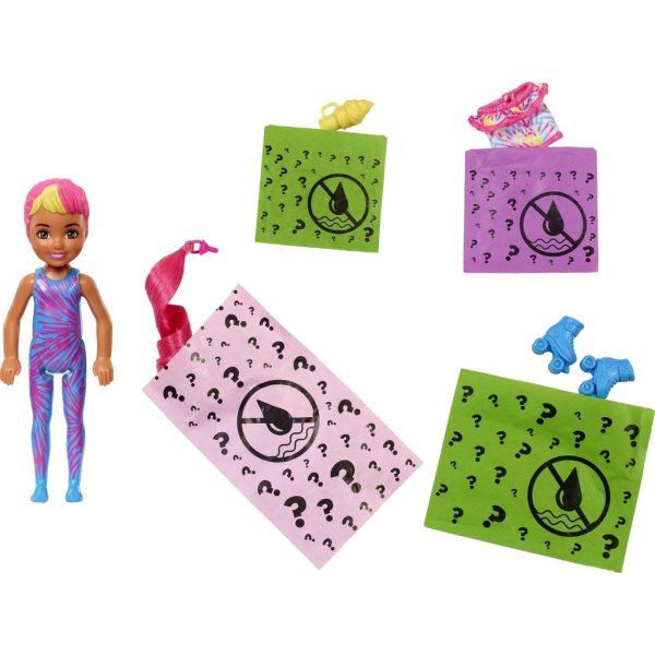 barbie color reveal small doll & accessories, neon tie dye series, 6 surprises, 1 chelsea doll (styles may vary)6