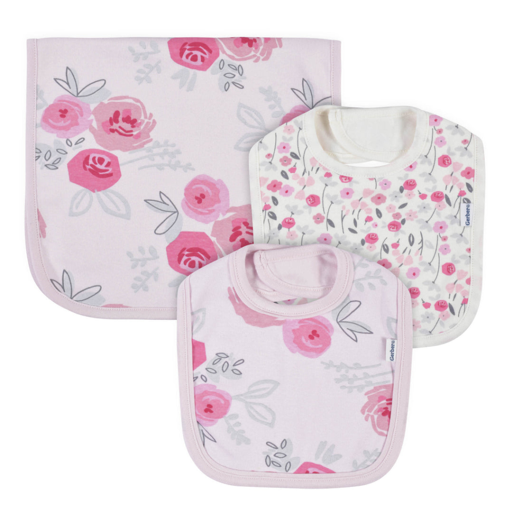 2 piece baby girls rose floral bibs & burp set one size2
