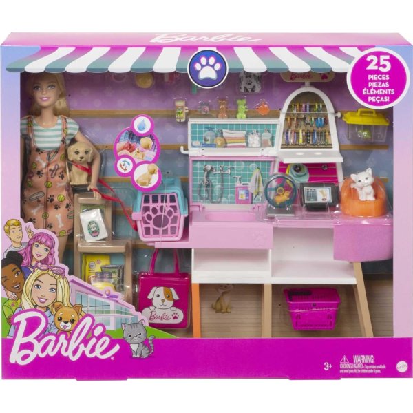 barbie doll and playset, pet boutique with 4 pets4