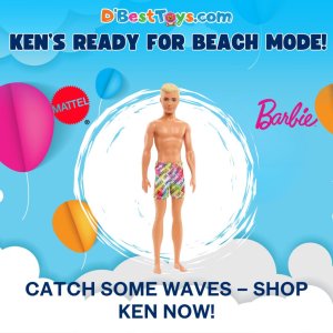 Barbie Ken Beach Doll with Blond Hair Dressed in Colorful Los Angeles-Print Swim Trunks