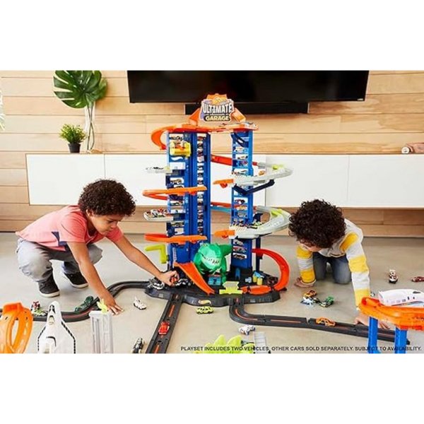 hot wheels toy car track set city ultimate garage moving t rex dinosaur, 100+ 1:64 scale vehicle storage3