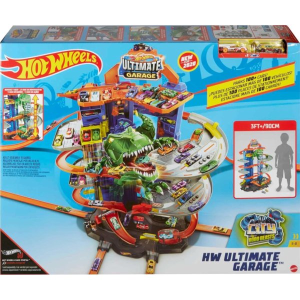 hot wheels toy car track set city ultimate garage moving t rex dinosaur, 100+ 1:64 scale vehicle storage4
