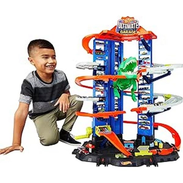 hot wheels toy car track set city ultimate garage moving t rex dinosaur, 100+ 1:64 scale vehicle storage6
