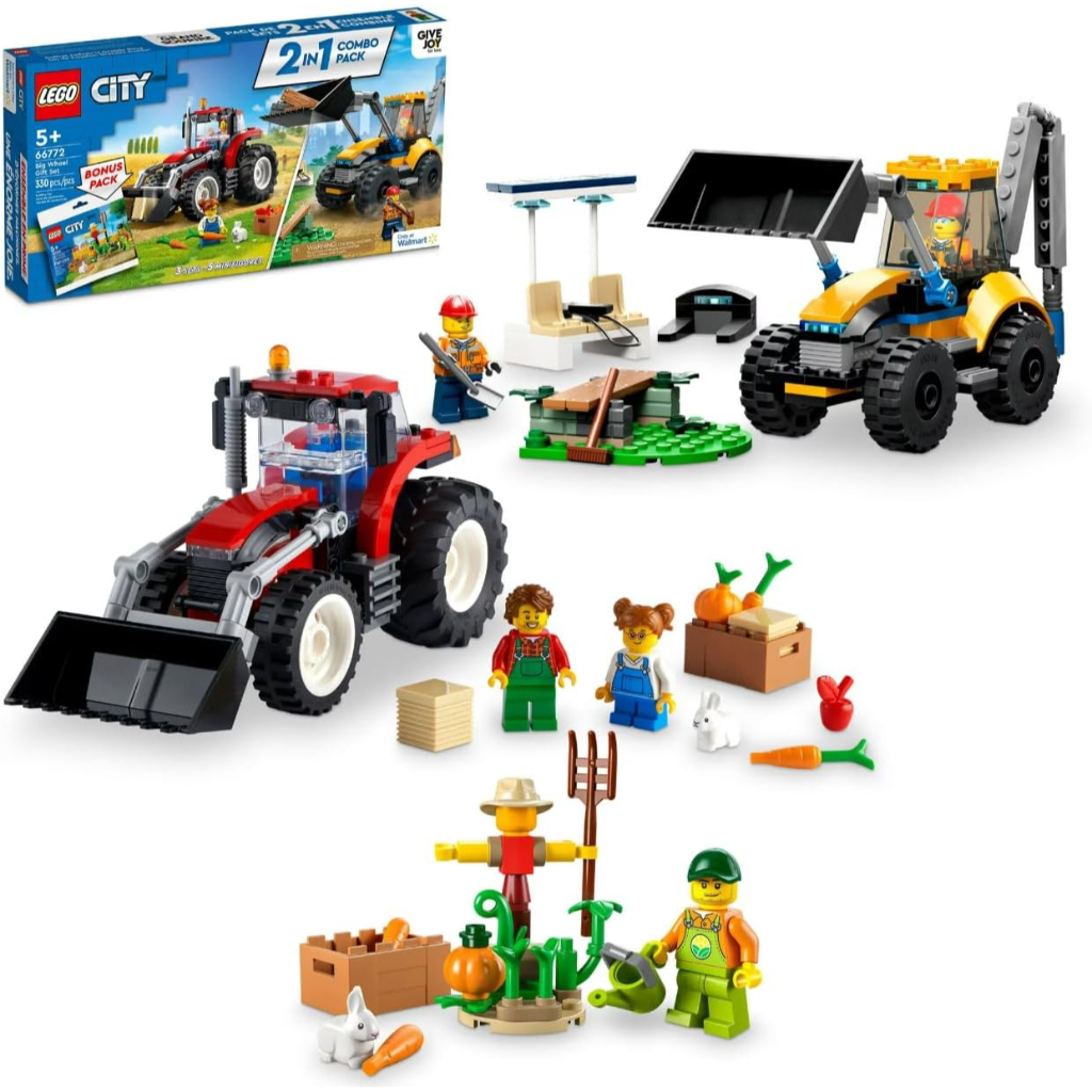 lego city big wheel gift set 66772, 2 in 1 tractor and construction digger building toy5