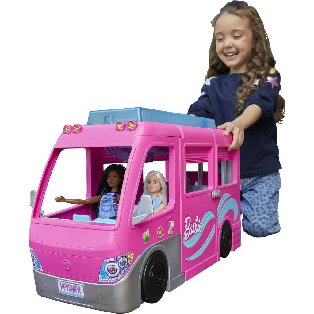 barbie dreamcamper vehicle playset with 60 accessories including pool and 30 inch slide