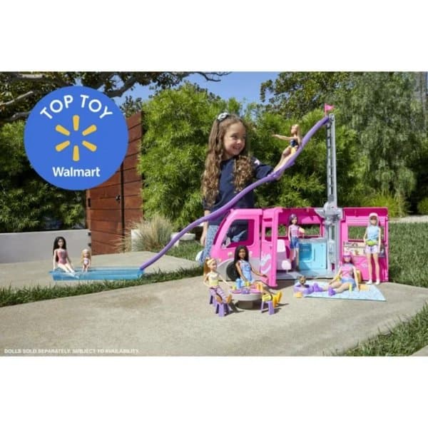 barbie dreamcamper vehicle playset with 60 accessories including pool and 30 inch slide1
