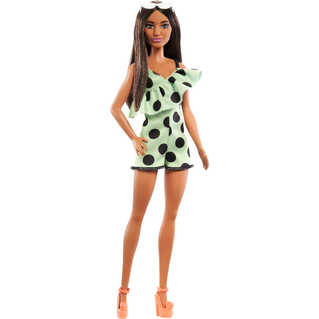 barbie fashionistas doll #200 with brunette hair, lime green polka dot romper (1)