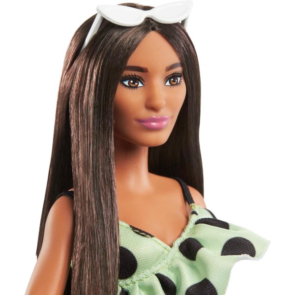 barbie fashionistas doll #200 with brunette hair, lime green polka dot romper (5)