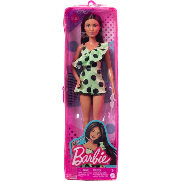 barbie fashionistas doll #200 with brunette hair, lime green polka dot romper (6)