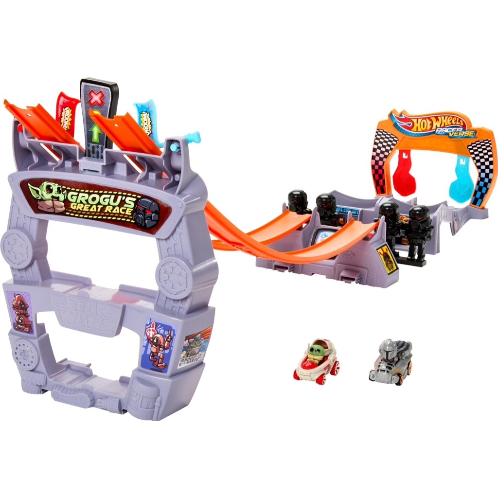 hot wheels racerverse star wars inspired track set grogu and mandalorian vehicles2