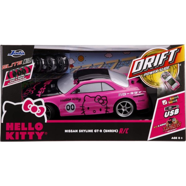 jada toys hello kitty nissan skyline gt r (bnr34) drift power slide elite r:c, usb charging, with 4 extra tires, pink5