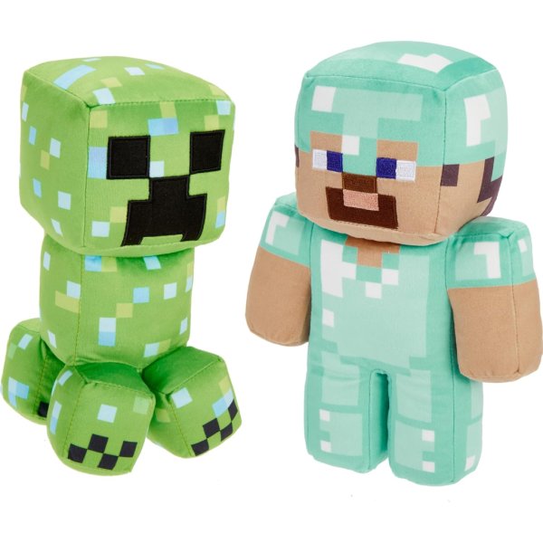 mattel minecraft plush figure 2 pack, steve in diamond armor & charged creeper set1
