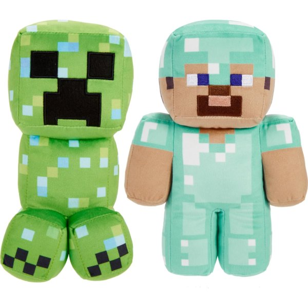 mattel minecraft plush figure 2 pack, steve in diamond armor & charged creeper set2