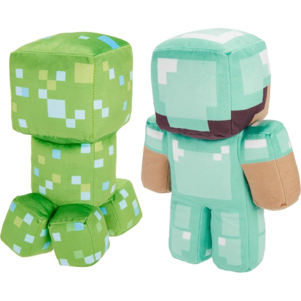 mattel minecraft plush figure 2 pack, steve in diamond armor & charged creeper set3