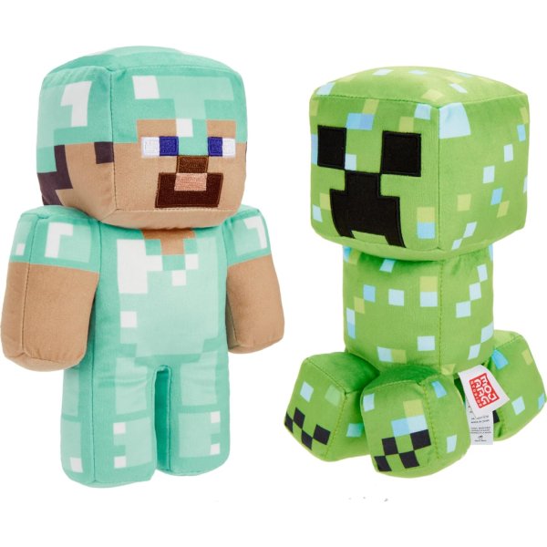 mattel minecraft plush figure 2 pack, steve in diamond armor & charged creeper set4