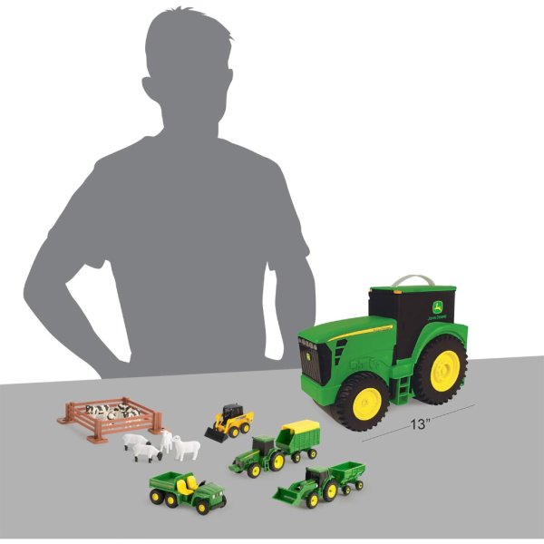 tomy john deere durable vehicle toy set for kids with tractor shaped portable carry case2