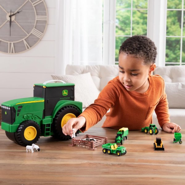 tomy john deere durable vehicle toy set for kids with tractor shaped portable carry case3