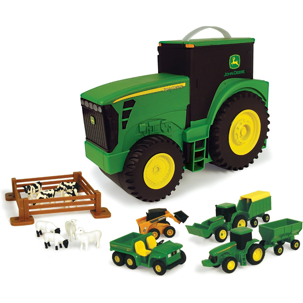 tomy john deere durable vehicle toy set for kids with tractor shaped portable carry case4