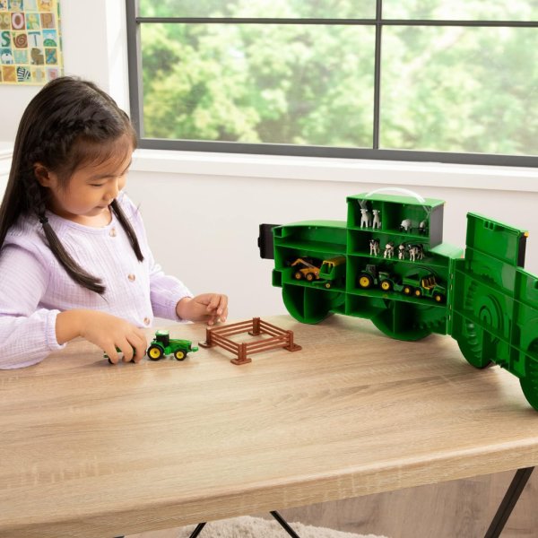 tomy john deere durable vehicle toy set for kids with tractor shaped portable carry case6