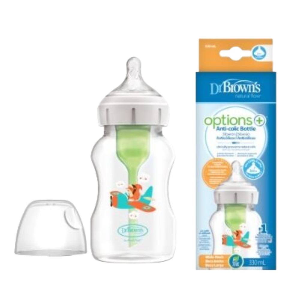 dr. brown’s options+ anti colic wide neck plastic baby bottle – squirrel 330ml