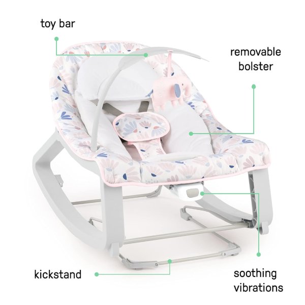ingenuity keep cozy 3 in 1 grow with me vibrating baby bouncer seat & infant to toddler rocker burst (pink), newborn and up3