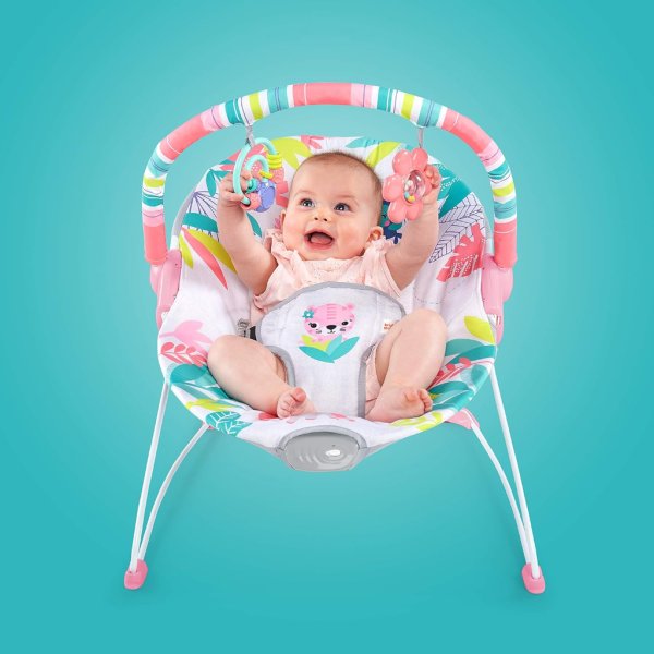 bright starts baby bouncer soothing vibrations infant seat flamingo vibes, pink2