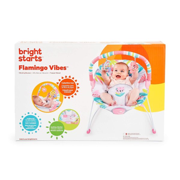 bright starts baby bouncer soothing vibrations infant seat flamingo vibes, pink3