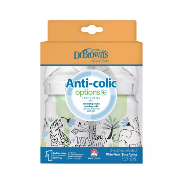 dr. brown's anti colic options+ wide neck baby bottle jungle designs 5 fl oz:2pk4