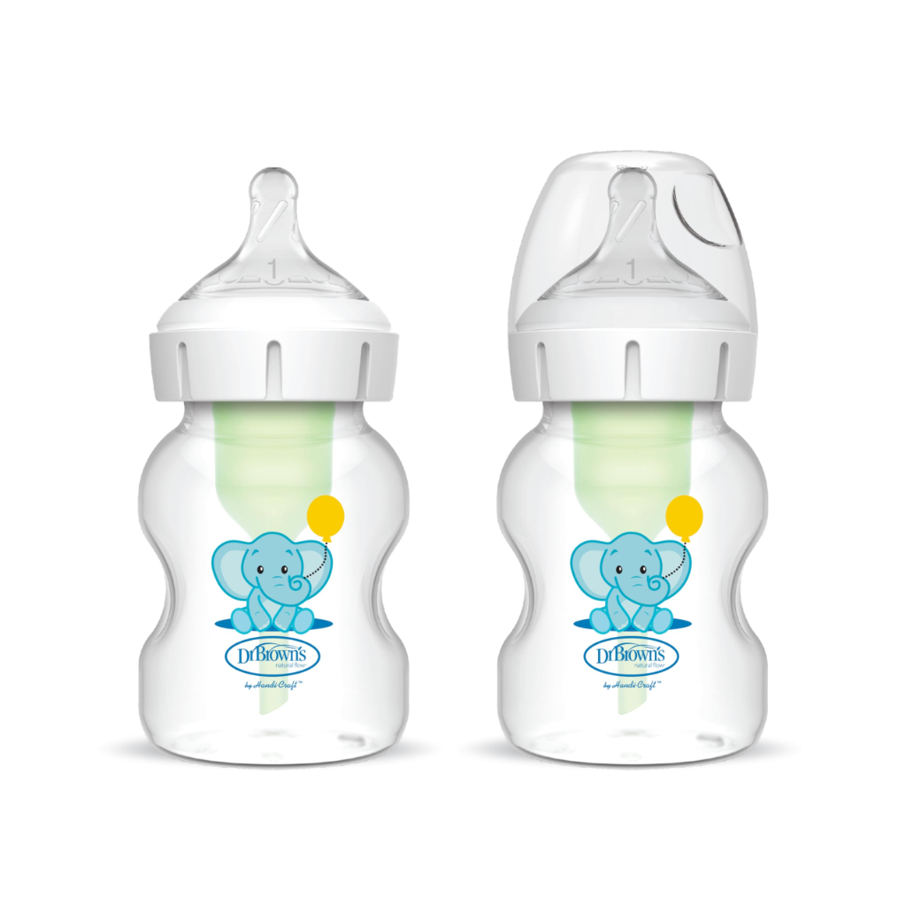 dr. browns natural flow anti colic options+ wide neck baby bottle, 5oz150ml, with level 1 teats, 2 pack, elephant (2)
