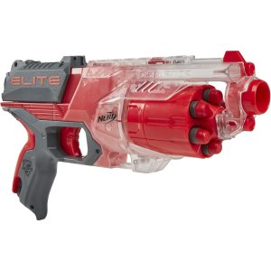 NERF Elite Disrupter Blaster -- 6-Dart Rotating Drum, 6 Official Elite Darts, Slam Fire, Translucent Red