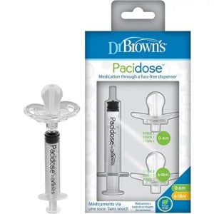 Dr. Brown's Pacidose Pacifier and Liquid Baby Medicine Dispenser with Oral Syringe and Two Sizes of Pacifier Bulbs - 0-6m and 6-18m
