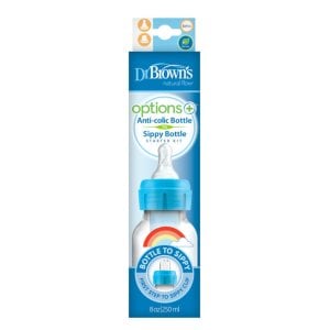 Dr. Brown's Anti-Colic Options+ Narrow Sippy Bottle Starter Kit, 8oz/250mL, with Level 3 Medium-Fast Flow Nipple and Soft 100% Silicone Sippy Spout, Blue, BPA Free, 6m+