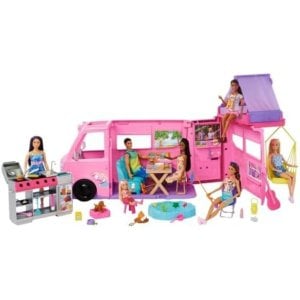 Barbie Dream Camper Playset with Roof Tent, BBQ Grill with Color-Change Feature and 60+ Accessories
