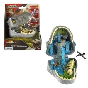 Mattel Jurassic World Rebirth Micro Adventure Playset, Tyrannosaurus Rex Head Opens to 4 Interactive Features, 3 Micro Figures, T. Rex Dinosaur Toy