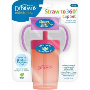 Dr. Brown's Milestones Straw to 360 Convertible Toddler Training Cup Set with Interchangeable Silicone Straw and 360 Degree Cup Lids, Pink Coral, 10 oz/300 mL, BPA-Free, 9m+, 1-Pack