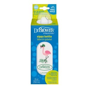Dr. Brown's Milestones Narrow Sippy Bottle, 100% Silicone Soft Sippy Spout, 8oz/250mL, 6m+, Flamingo