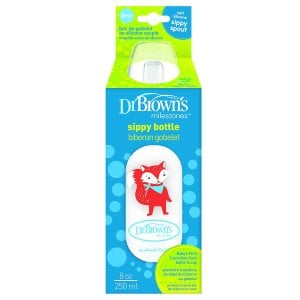 Dr. Brown's Milestones Narrow Sippy Bottle, 100% Silicone Soft Sippy Spout, 8oz/250mL, 6m+, Fox