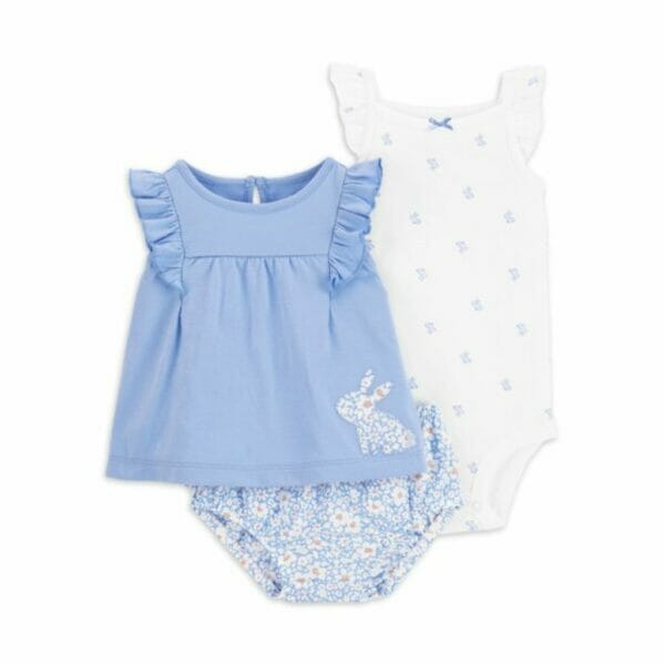 child of mine by carter's baby girl outfit sleeveless bodysuit, ruffle top & short, 3 piece set, 3 months 24 months