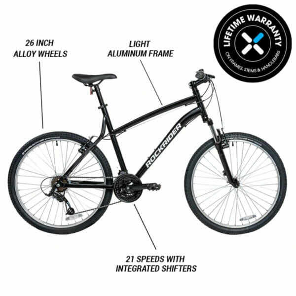 decathlon rockrider st50, 21 speed aluminum mountain bike, 26, unisex, black, large (1)