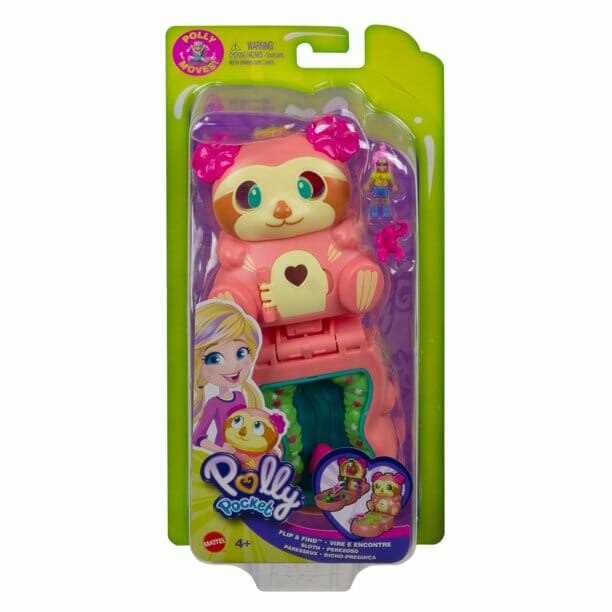 polly pocket flip & find sloth compact, flip feature creates dual play surfaces, micro doll, 4