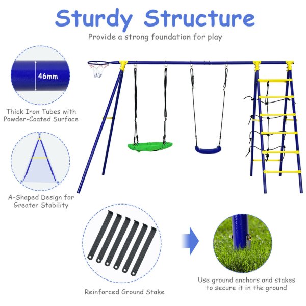 5 in 1 outdoor kids swing set w: heavy duty swing frame & ground stakes backyard2