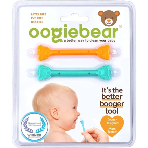 oogiebear two pack patented curved scoop and loop; safe baby nasal booger and ear cleaner baby nose cleaner gadget for infants and toddlers. dual earwax snot removal orange seafoam (no c ( (4)