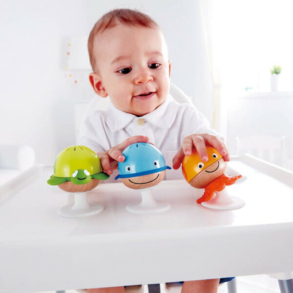 hape put stay rattle set three sea animal suction rattle toys, baby educational toy set (3)