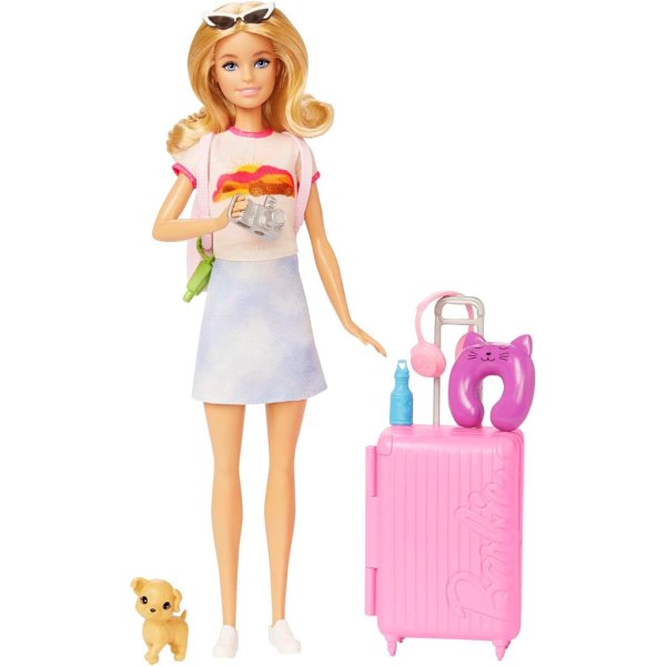 barbie doll and accessories, 'malibu' travel set with puppy and 10+ pieces including working suitcase2
